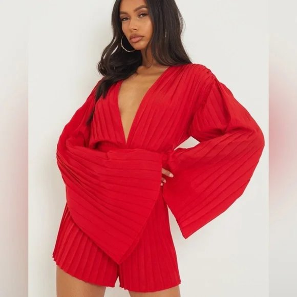 PLT Red Plunge Pleated Romper - Picture 1 of 1
